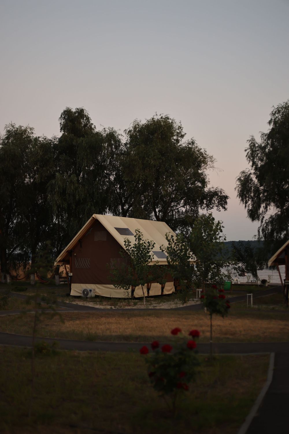 A rustic wooden cabin surrounded by lush green trees at dusk with red roses in the foreground.