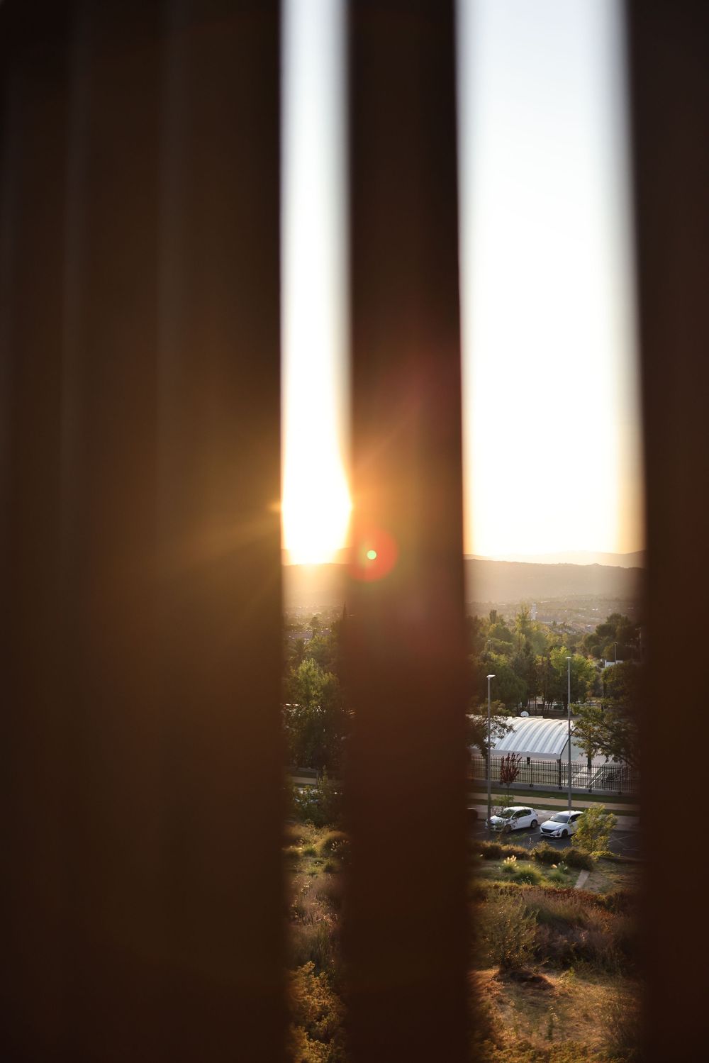 Sunset view through curtains overlooking trees, buildings, and parked cars bathed in warm golden light.