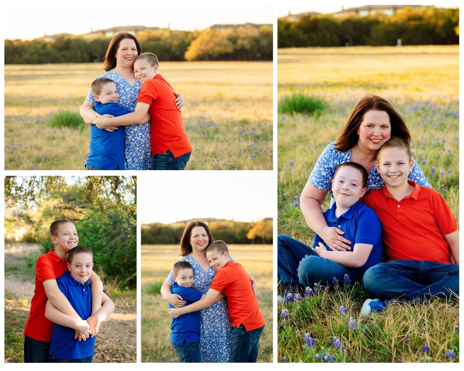 Spring Mini Session Bluebonnet Mini Session Brushy Creek Lake Park Cedar Park Texas Mom with two boys enjoys sunset in the bluebonnets