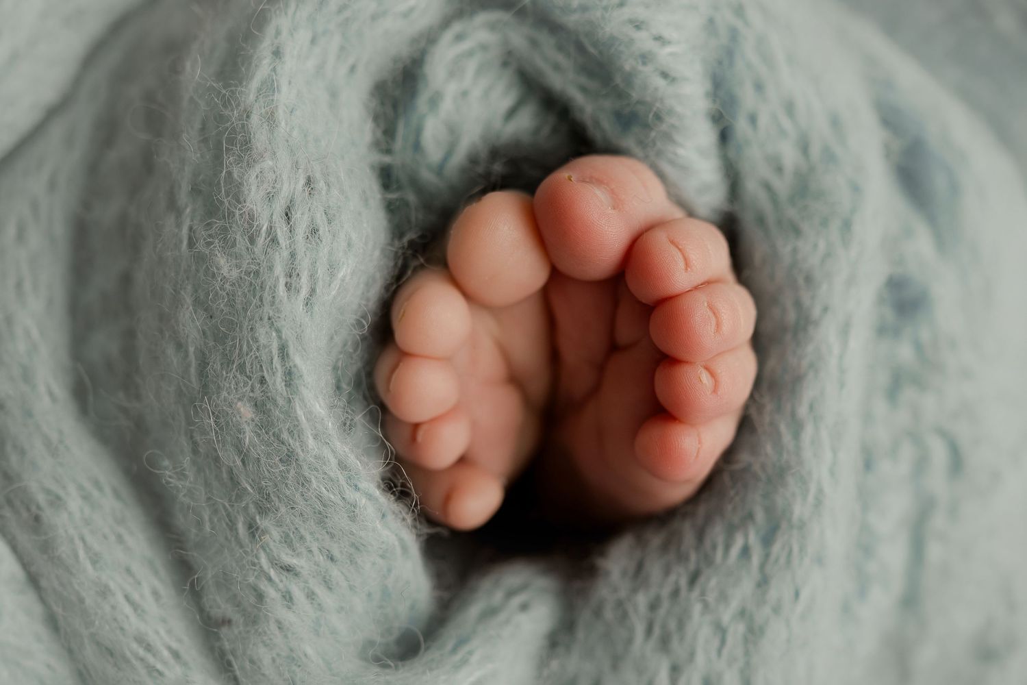 Tiny newborn baby feet wrapped in a soft teal knit blanket, close-up photography.