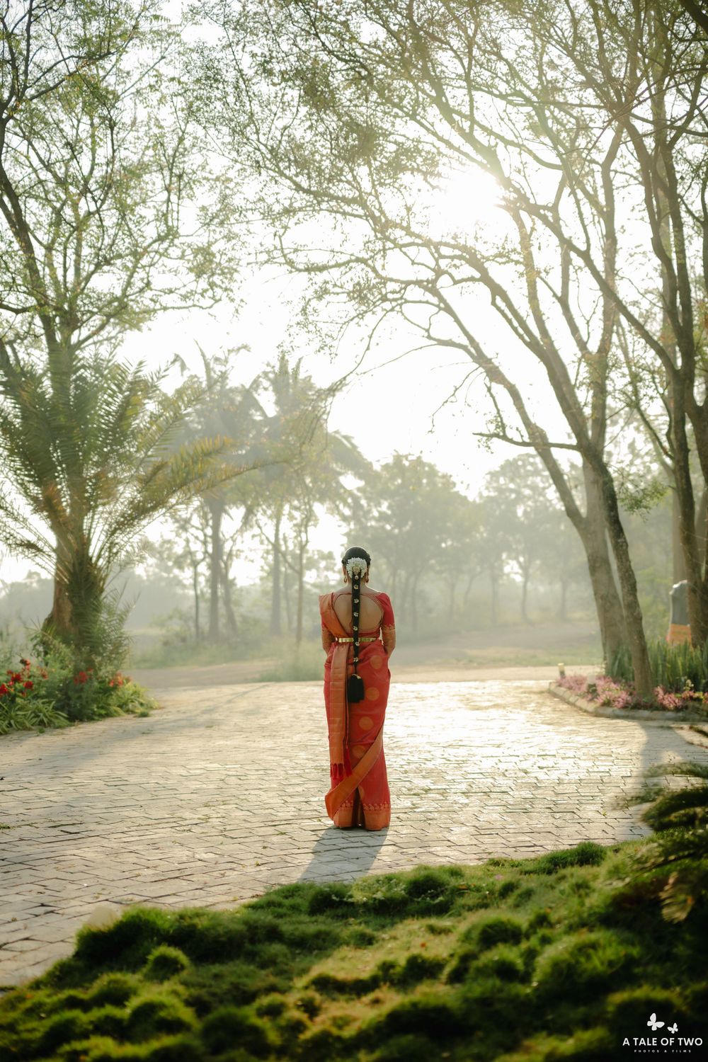 Bride in red silk saree walking along misty garden pathway surrounded by tall trees.