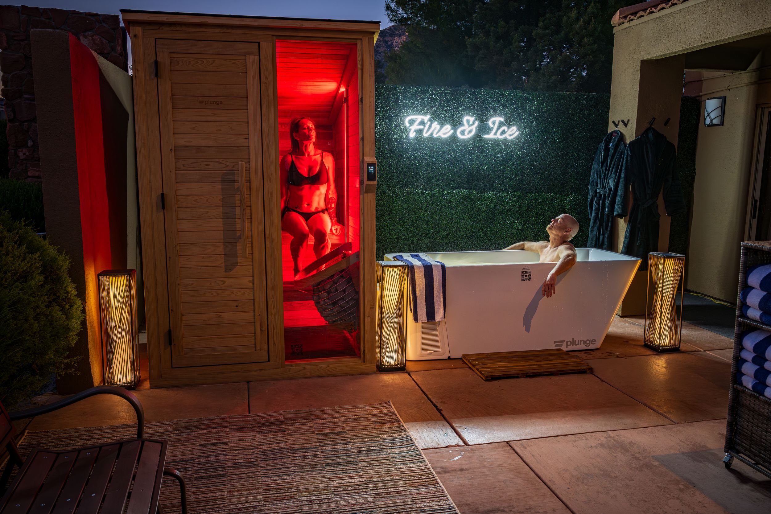 Couple in the sauna & cold plunge at a luxury hotel, the Arroyo Pinion Hotel in Sedona, AZ.