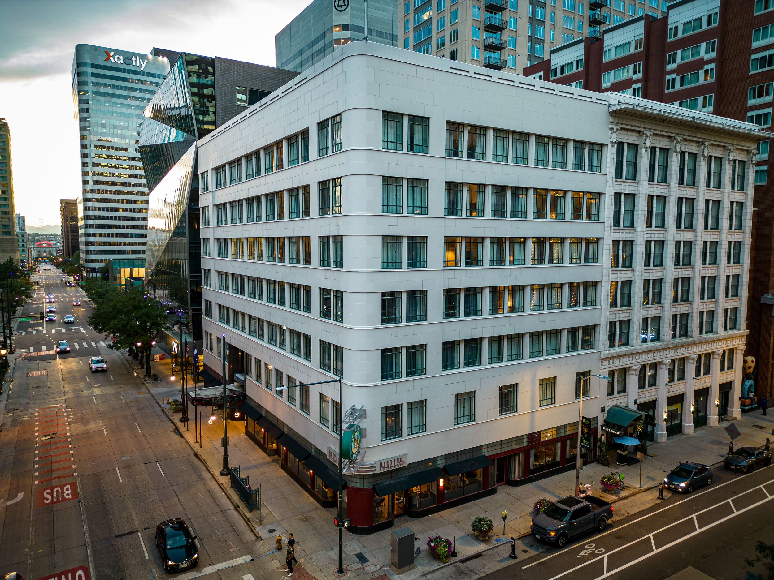 Aerial/drone photo of Kimpton Hotel Monaco Denver by Hospitality, Travel & Tourism photographer Captain Colorado Photography.
