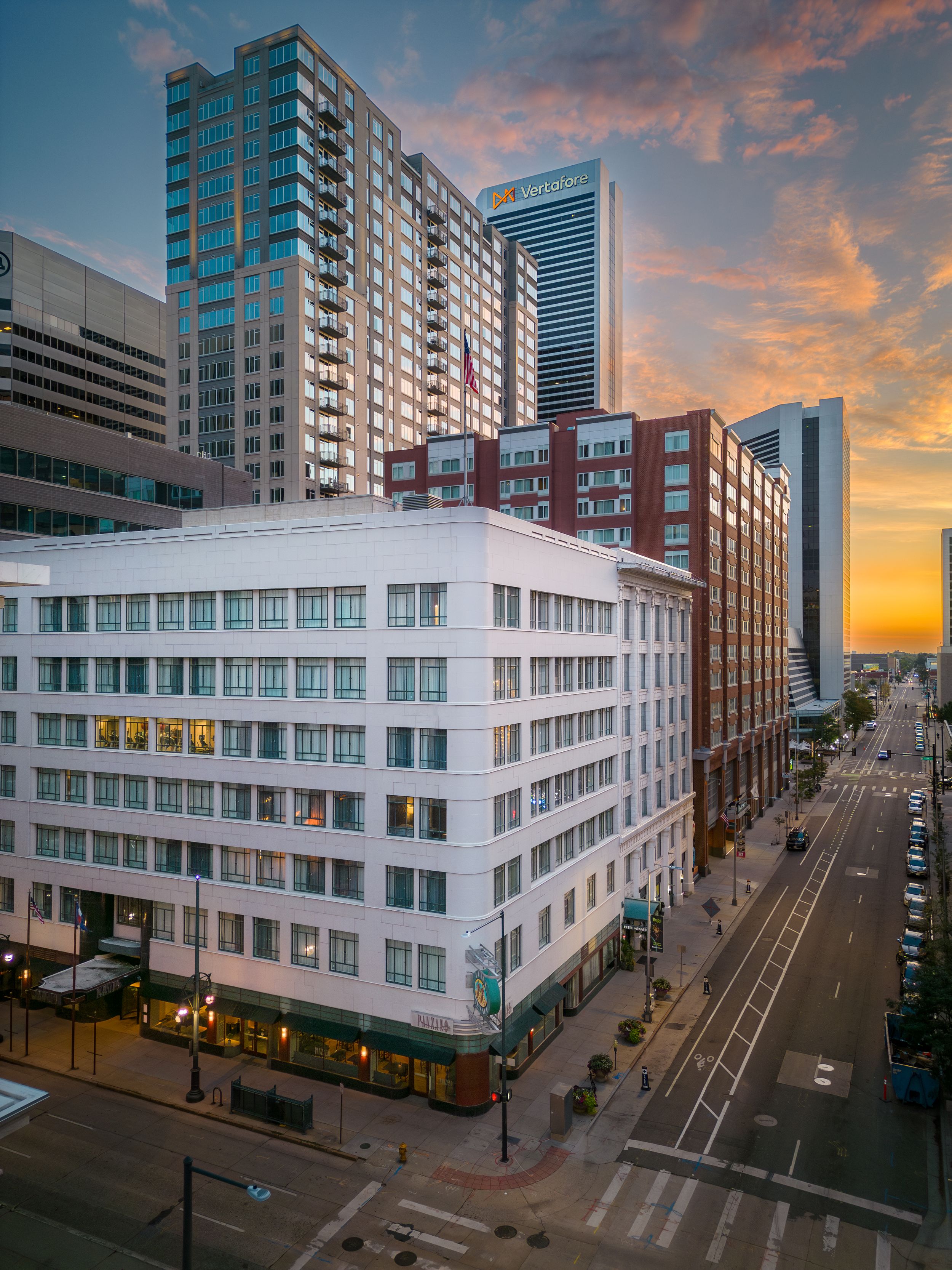 Aerial/drone photo of Kimpton Hotel Monaco Denver by Hospitality, Travel & Tourism photographer Captain Colorado Photography.
