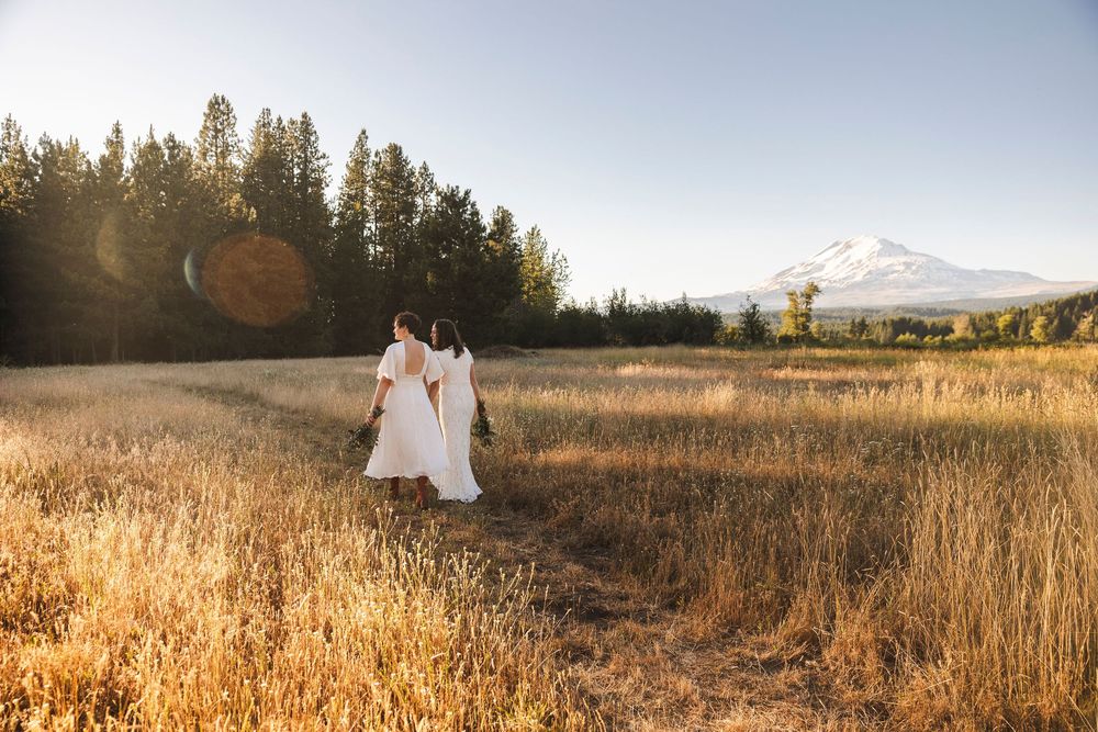 Two brides in white dresses walk through golden meadow with snow-capped mountain and forest backdrop.