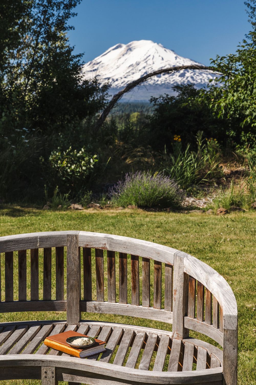 Wooden curved garden bench with book overlooking snow-capped Mount Shasta in a lush green landscape.