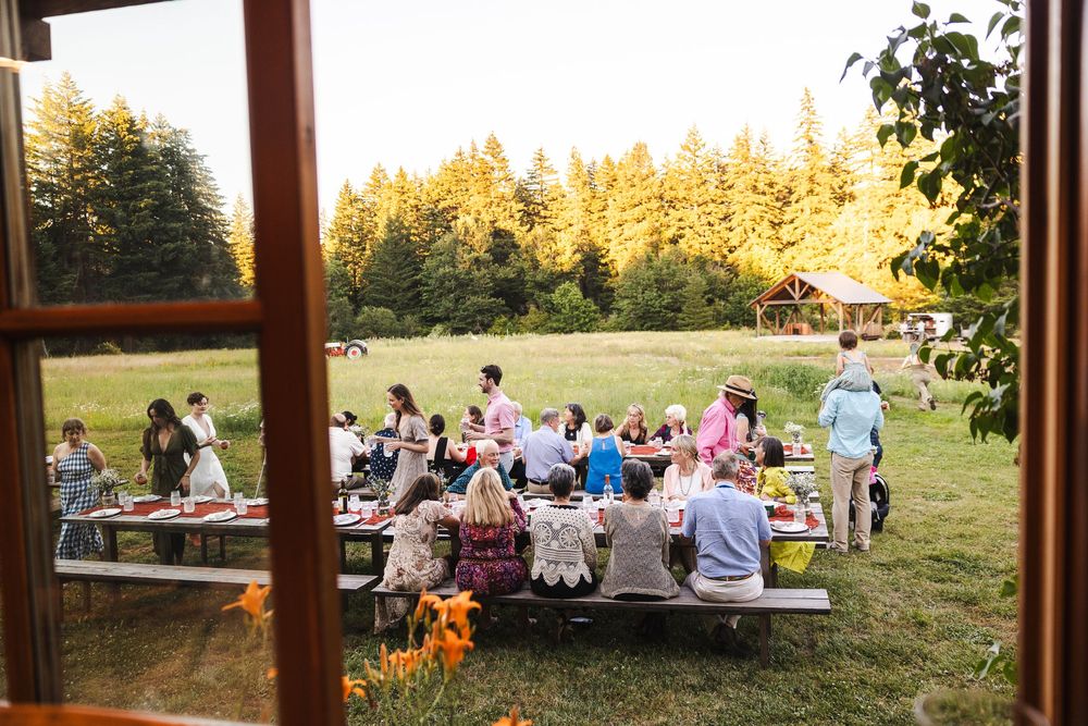 Outdoor garden party with guests gathered around picnic tables in a lush green field surrounded by tall trees at sunset.