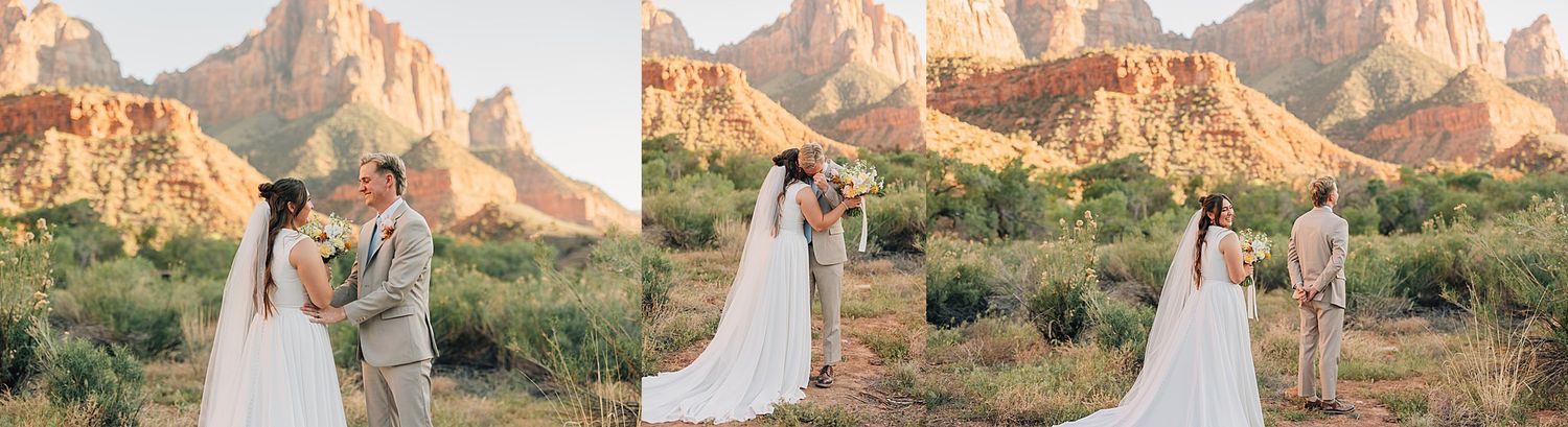 Wedding couple exchanges vows outdoors at Zion National Park with stunning red sandstone cliffs at sunset.