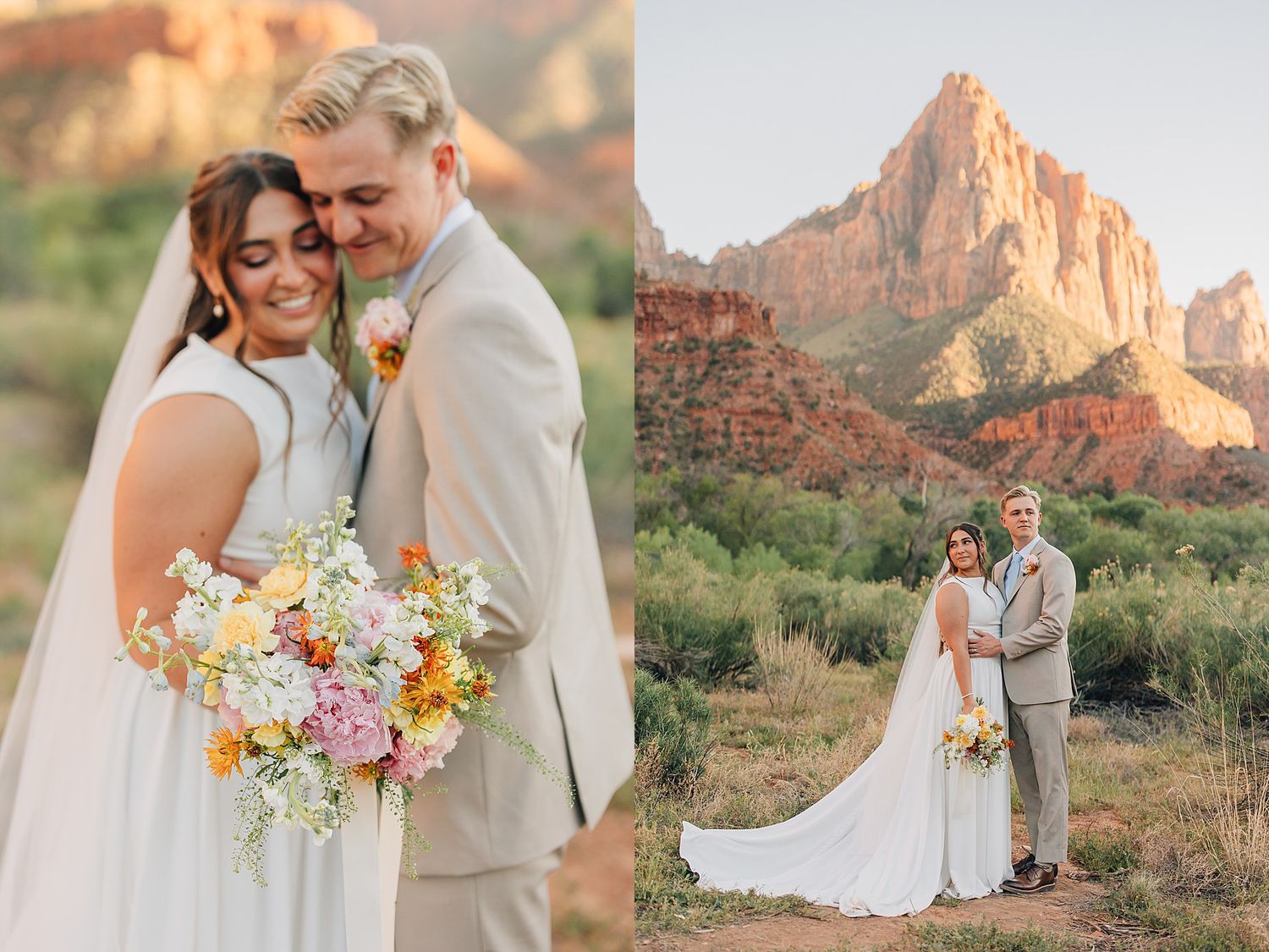 Bride and groom pose together at Zion National Park wedding with colorful bouquet and red rock formations.