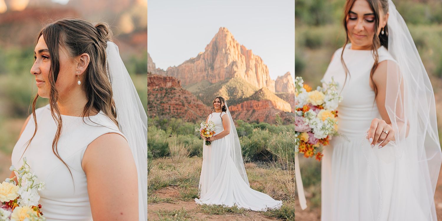 Bride in white gown with veil poses before Zion National Park red rock mountain landscape.