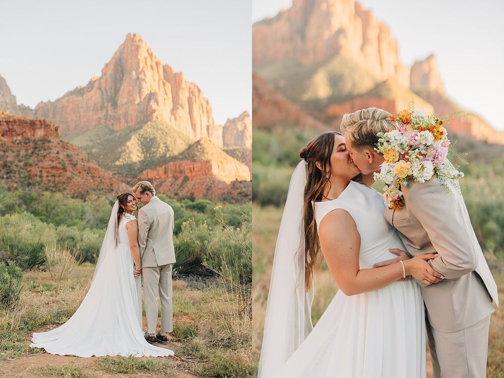 Bride and groom kiss at Zion National Park wedding with red rock mountains and colorful bouquet.
