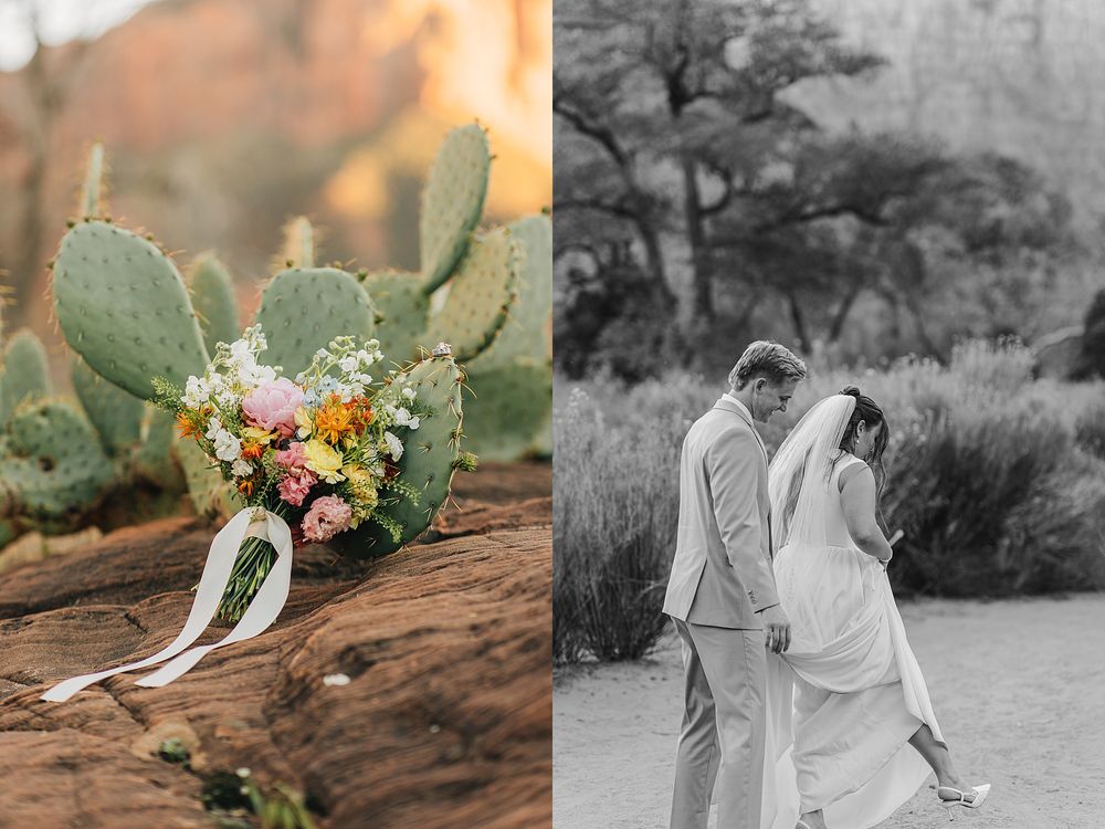 Colorful bridal bouquet rests on red rock beside cactus with couple walking in black and white photo.