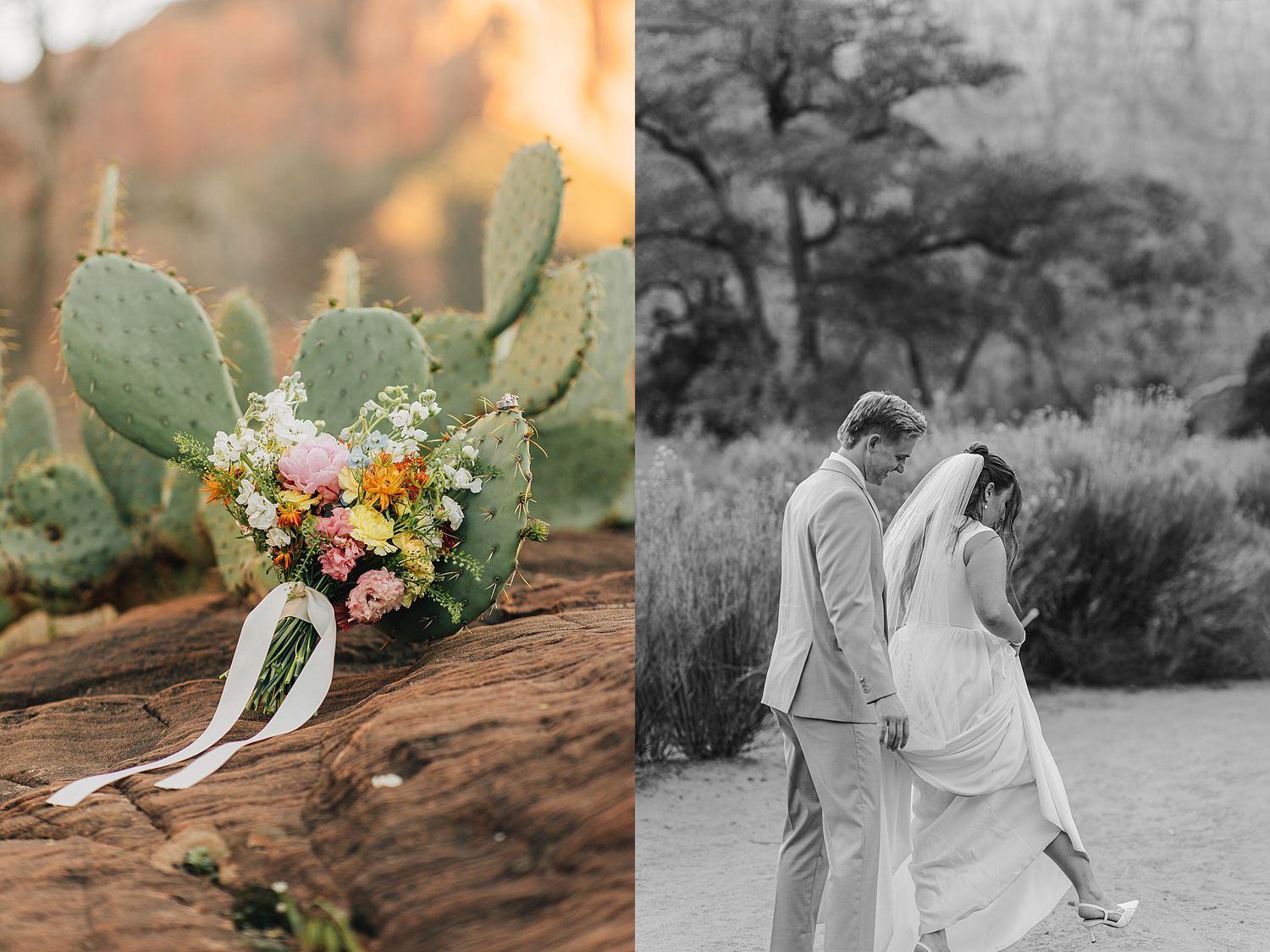 Colorful bridal bouquet rests on red rock beside cactus with couple walking in black and white photo.