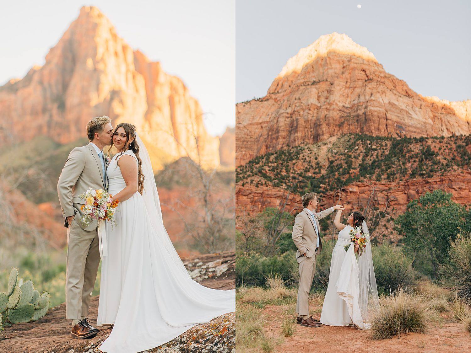 Couple in wedding attire kissing before red rock canyon cliffs at Zion National Park during golden hour.