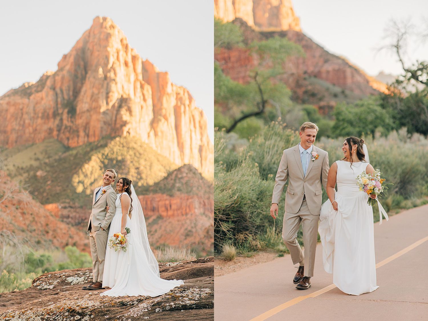 Bride and groom walk hand in hand past stunning red rock cliffs during Zion National Park wedding.