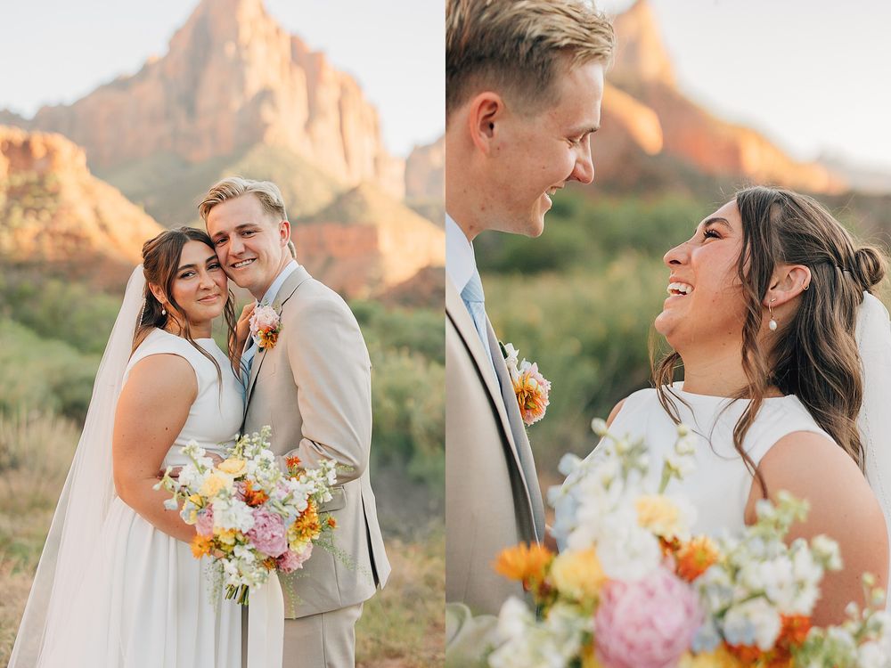 Bride and groom smile together with colorful bouquet against red rock mountains at Zion National Park wedding.