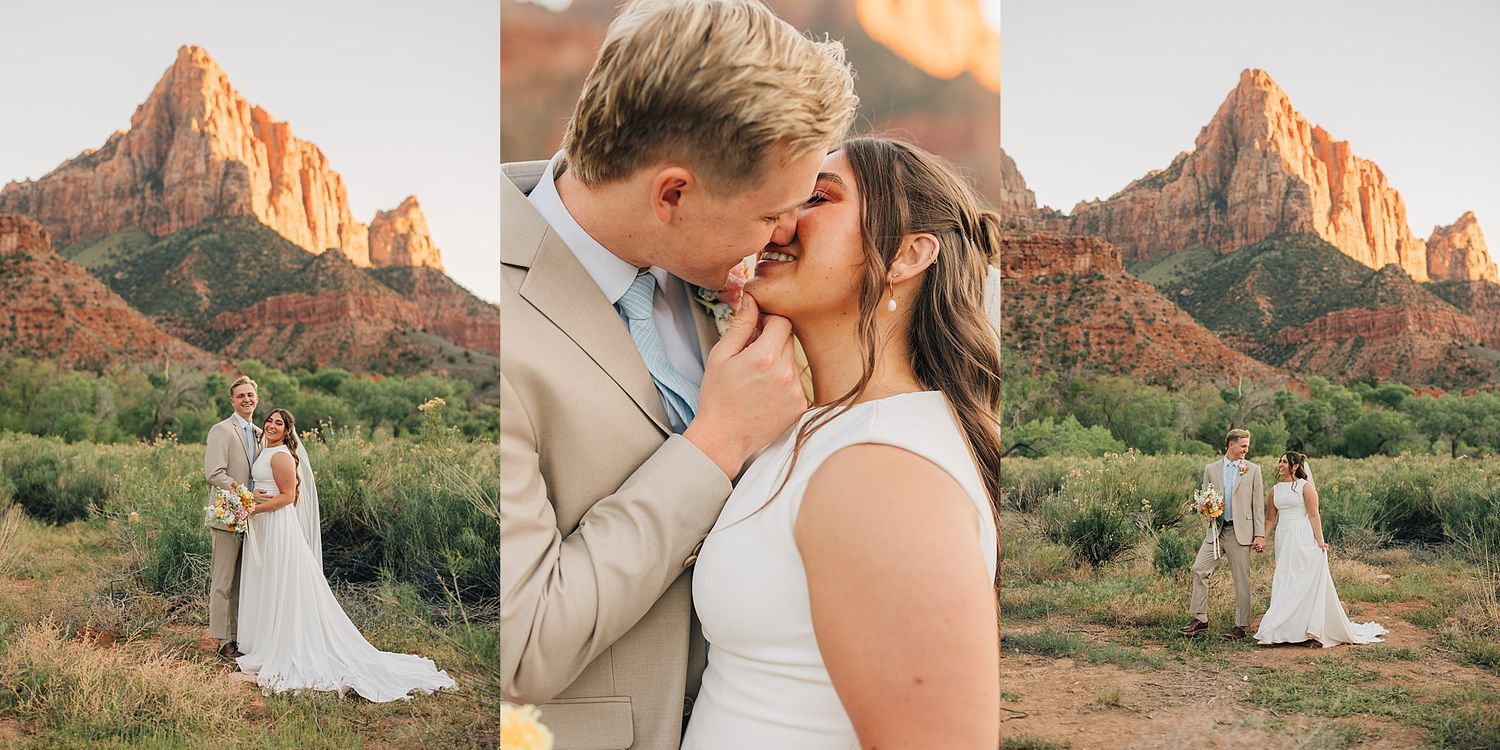 Groom tenderly touches bride's face during romantic Zion National Park wedding with Watchman mountain at sunset.