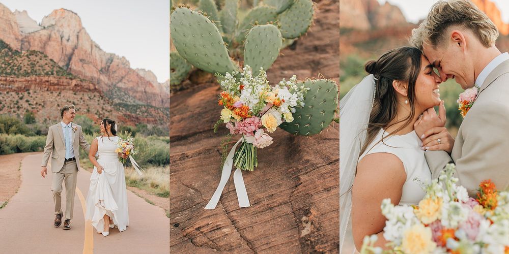 Elopement couple walking road at Zion with colorful desert bouquet on red rock and romantic embrace.