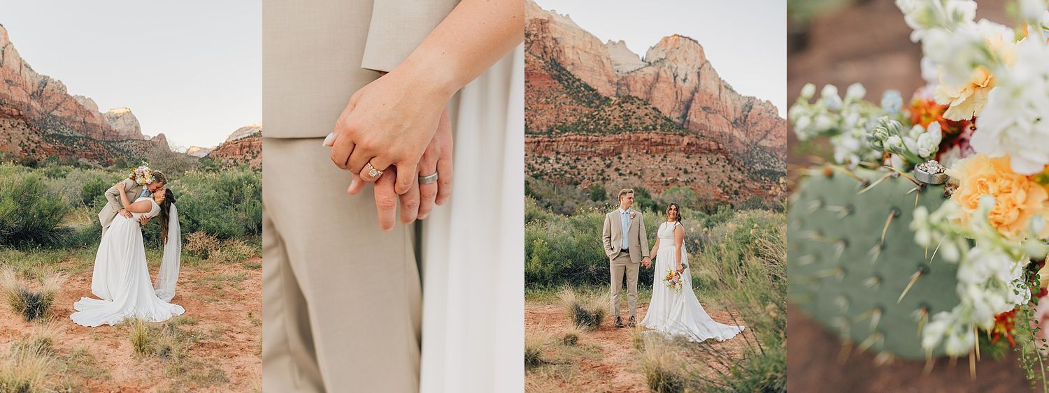 Couple holds hands at Zion National Park wedding with red rock mountains and wildflower bouquet backdrop.