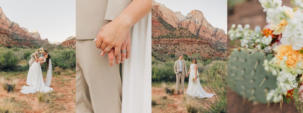 Couple holds hands at Zion National Park wedding with red rock mountains and wildflower bouquet backdrop.