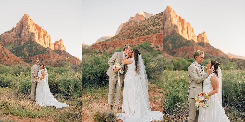 Wedding couple posing together in front of The Watchman peak at Zion National Park at golden hour.