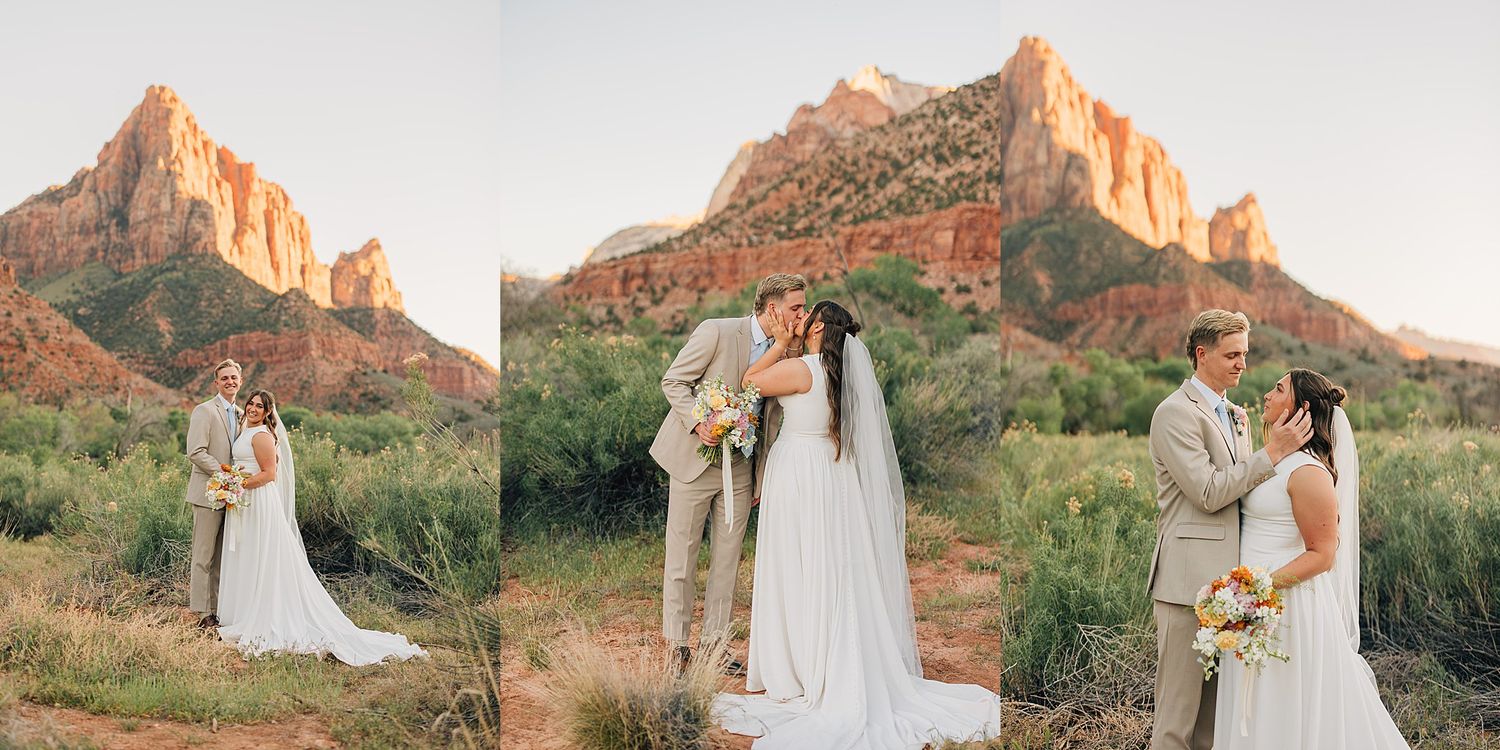 Wedding couple posing together in front of The Watchman peak at Zion National Park at golden hour.