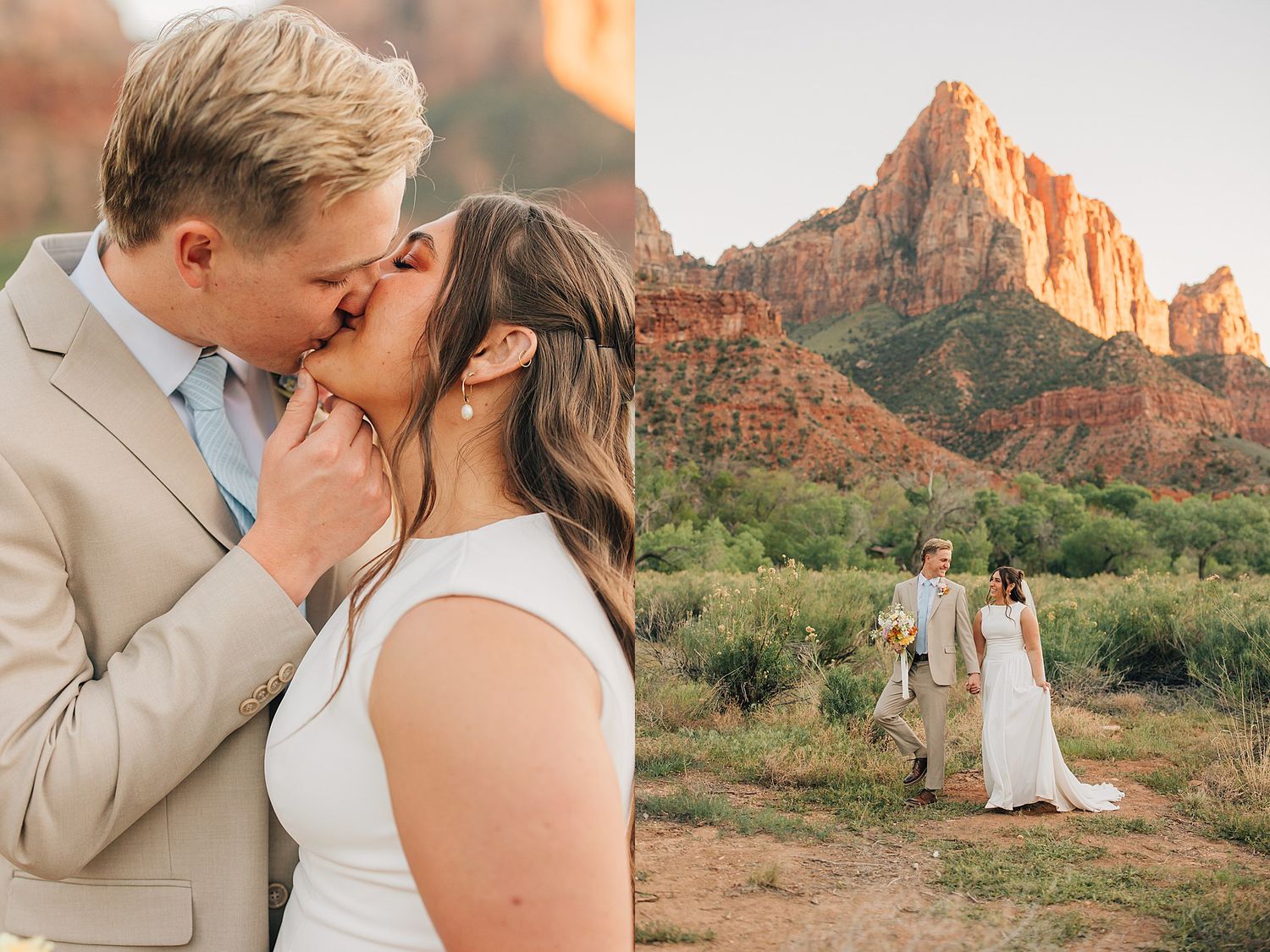 Couple shares a romantic kiss at Zion National Park wedding, with red rock mountains glowing in the golden hour light.