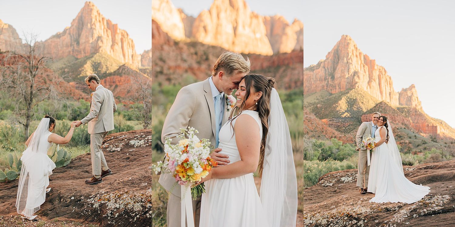 Bride and groom share a romantic kiss at Zion National Park with red rock Watchman formation backdrop.
