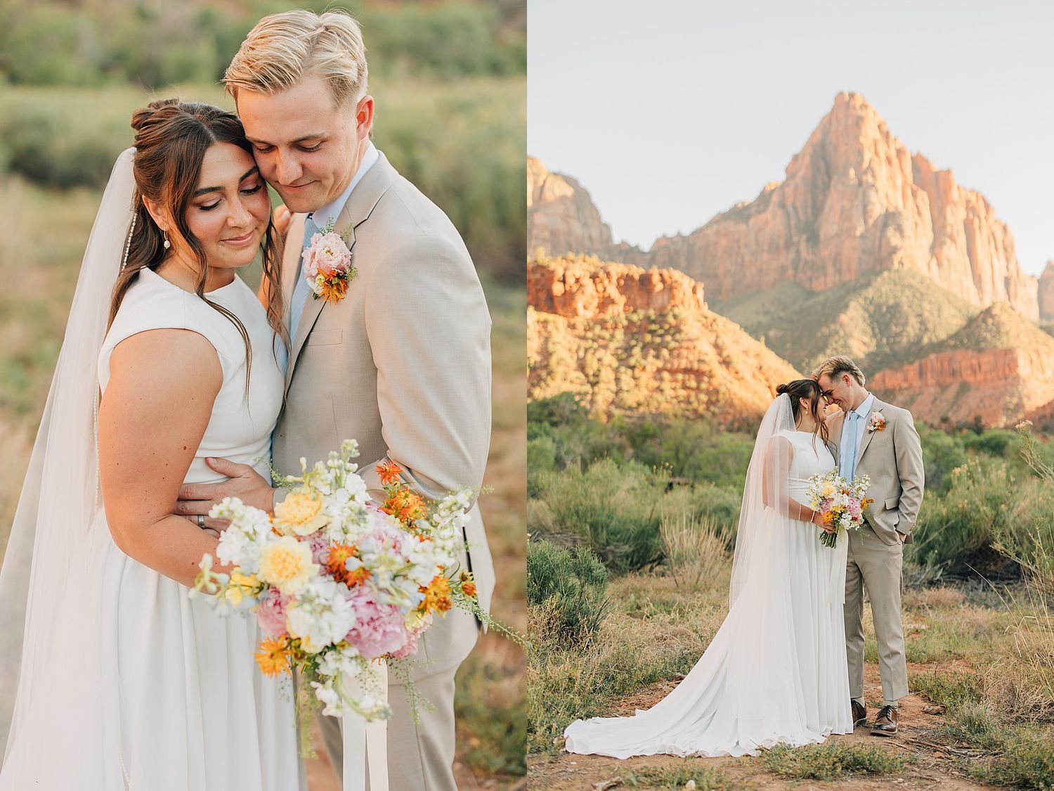 Bride and groom pose together in Zion National Park with red rock formations and desert landscape backdrop.