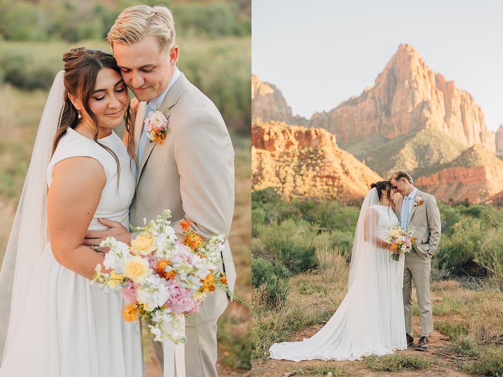 Bride and groom pose together in Zion National Park with red rock formations and desert landscape backdrop.
