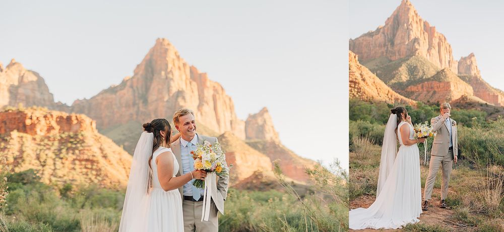 Bride and groom share a romantic moment with stunning Zion National Park red rock mountains backdrop.
