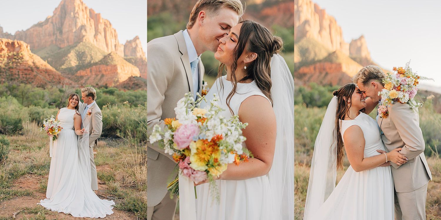 Bride and groom share a romantic kiss at Zion National Park with red rock formations in the background.