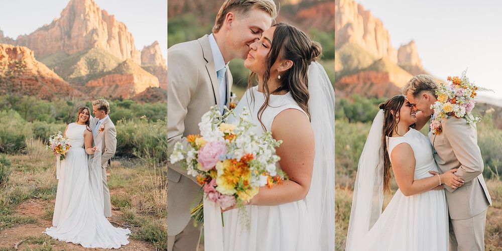 Bride and groom share a romantic kiss at Zion National Park with red rock formations in the background.