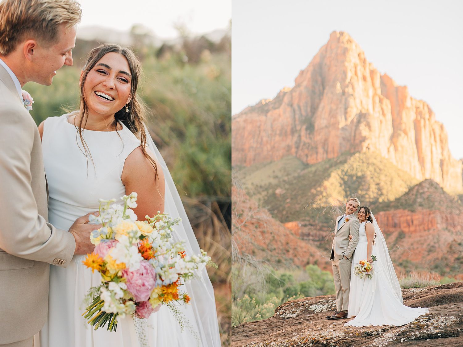 Bride laughing with colorful bouquet and groom at Zion National Park wedding with red rock backdrop.