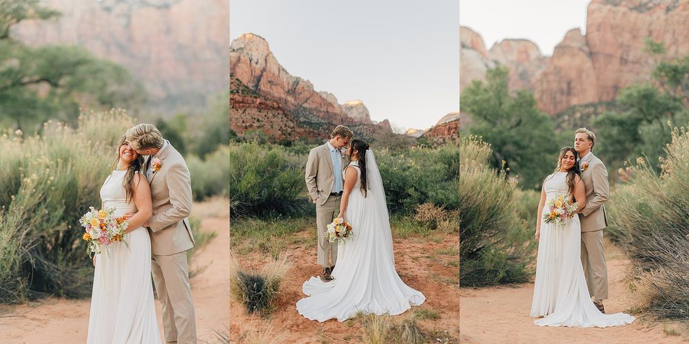 Bride and groom share a romantic kiss in Zion National Park with red rock canyon formations and lush greenery backdrop.