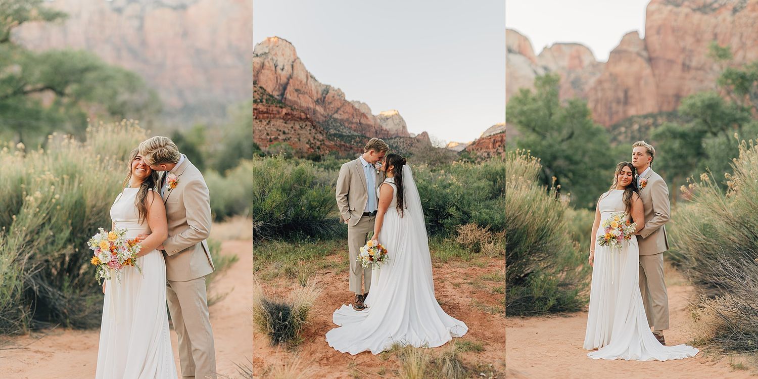 Bride and groom share a romantic kiss in Zion National Park with red rock canyon formations and lush greenery backdrop.