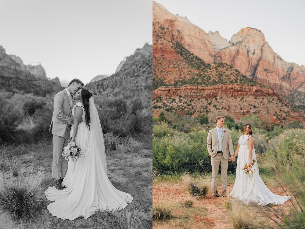 Bride and groom wedding portraits at Zion National Park with red rock canyon backdrop, shown in black and white and color.
