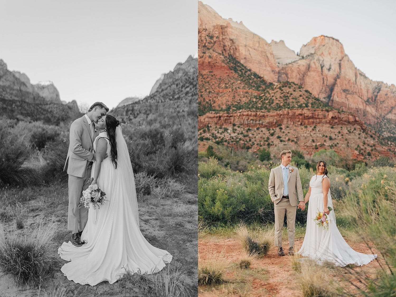 Bride and groom wedding portraits at Zion National Park with red rock canyon backdrop, shown in black and white and color.