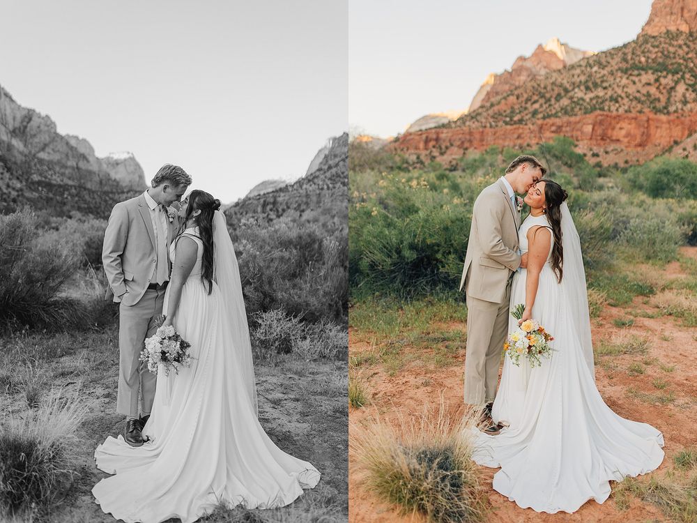 Bride and groom share a romantic kiss in Zion National Park, shown in black-and-white and color side-by-side wedding portraits.