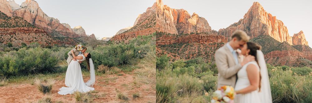 Bride and groom share a romantic moment at Zion National Park with stunning red rock canyon formations glowing at sunset.