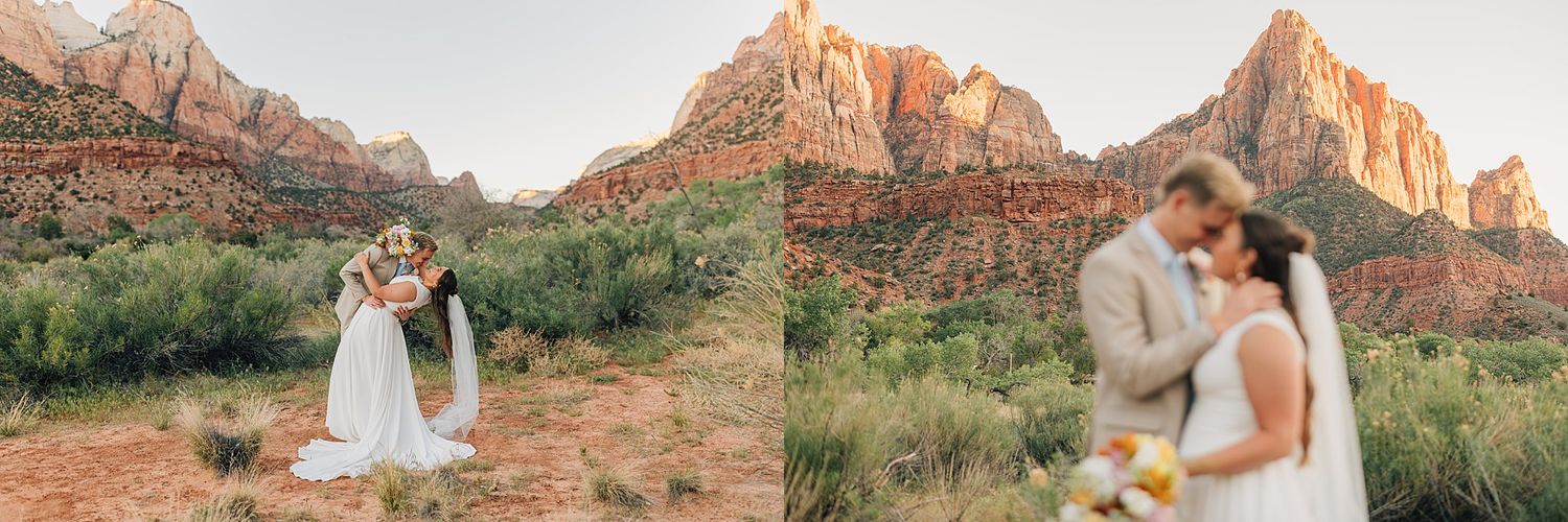 Bride and groom share a romantic moment at Zion National Park with stunning red rock canyon formations glowing at sunset.
