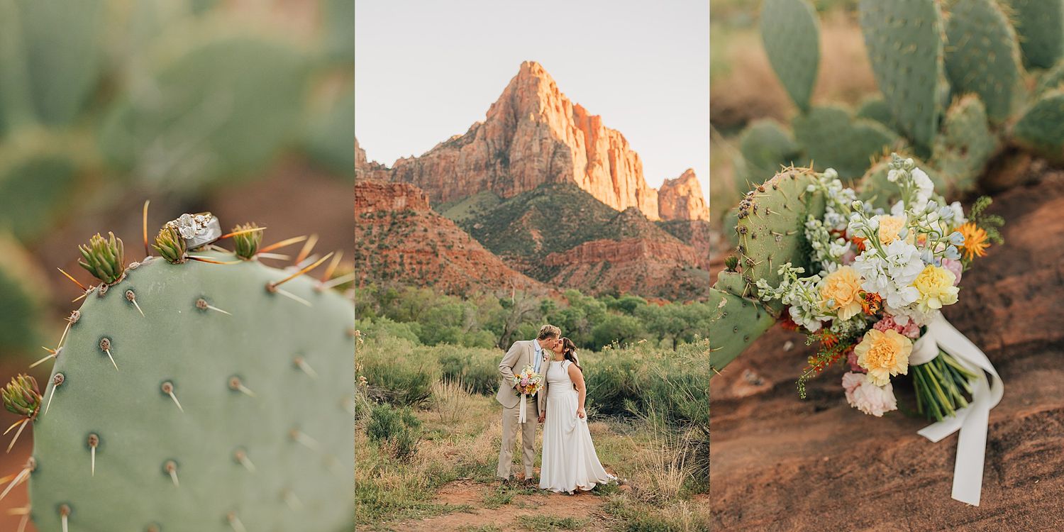 Zion National Park desert wedding triptych featuring cactus blooms, couple before red rock mountains, and a wildflower bouquet.