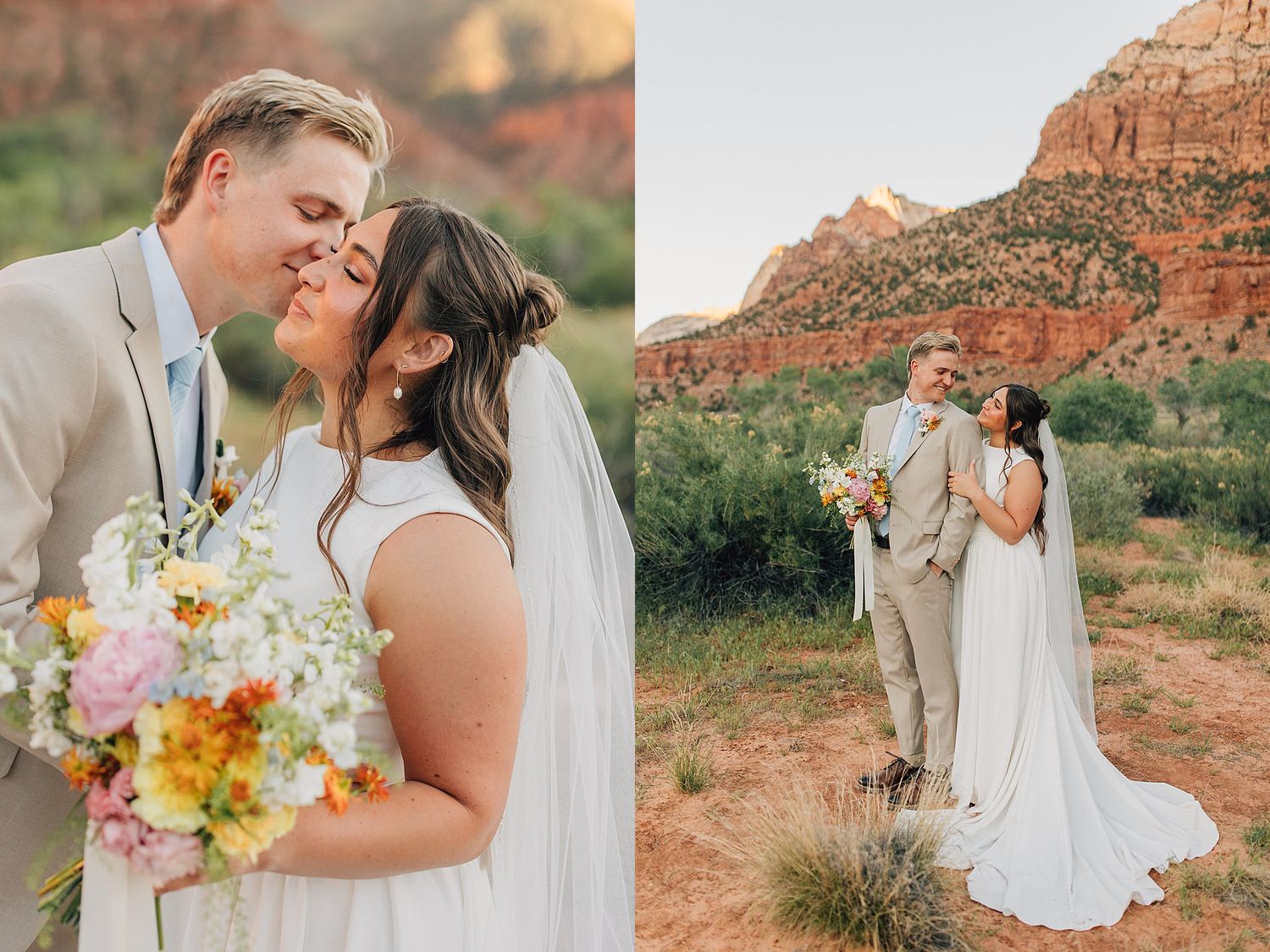 Bride and groom share a romantic kiss in Sedona, Arizona, with red rock formations and desert landscape in the background.
