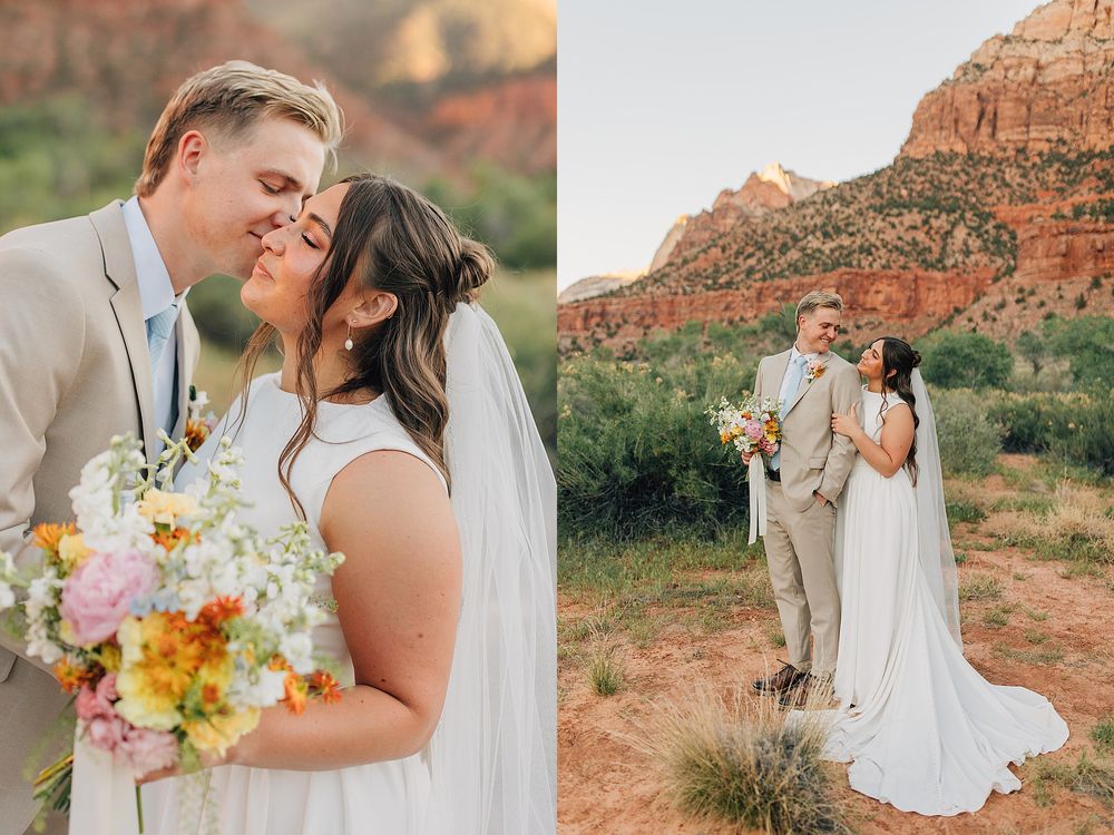 Bride and groom share a romantic kiss in Sedona, Arizona, with red rock formations and desert landscape in the background.