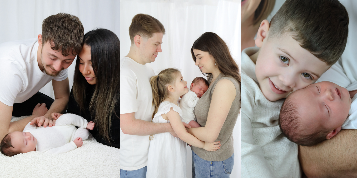 A tender newborn family photo session featuring parents, siblings, and their sleeping baby in soft white tones.