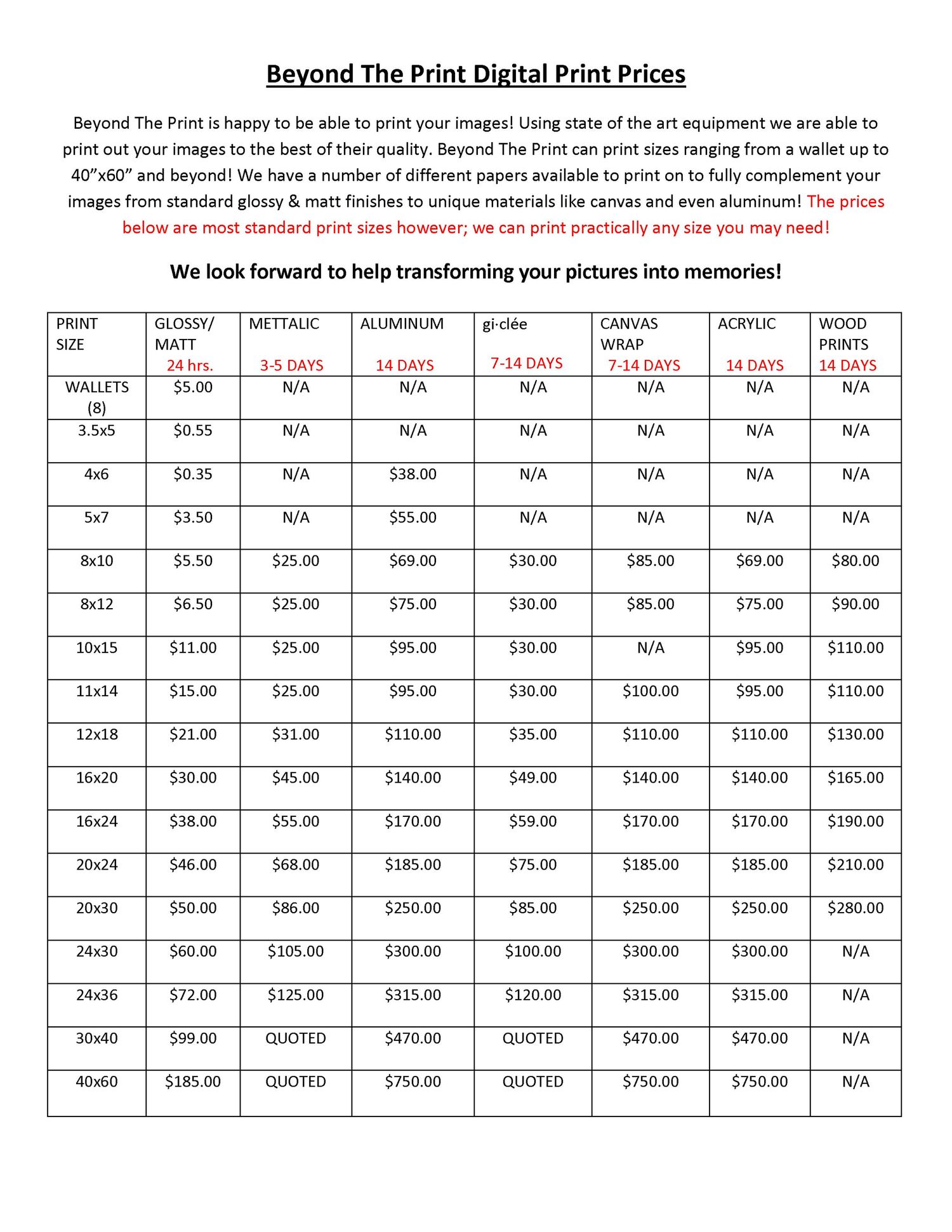 Beyond The Print digital print price list showing sizes from wallets to 40x60 with glossy, metallic, aluminum, giclée, canvas, acrylic, and