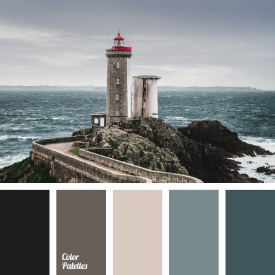 Ocean color scheme of neutrals: black, grey, beige, and shades of blue inspired by a lighthouse scene on stormy looking ocean.
