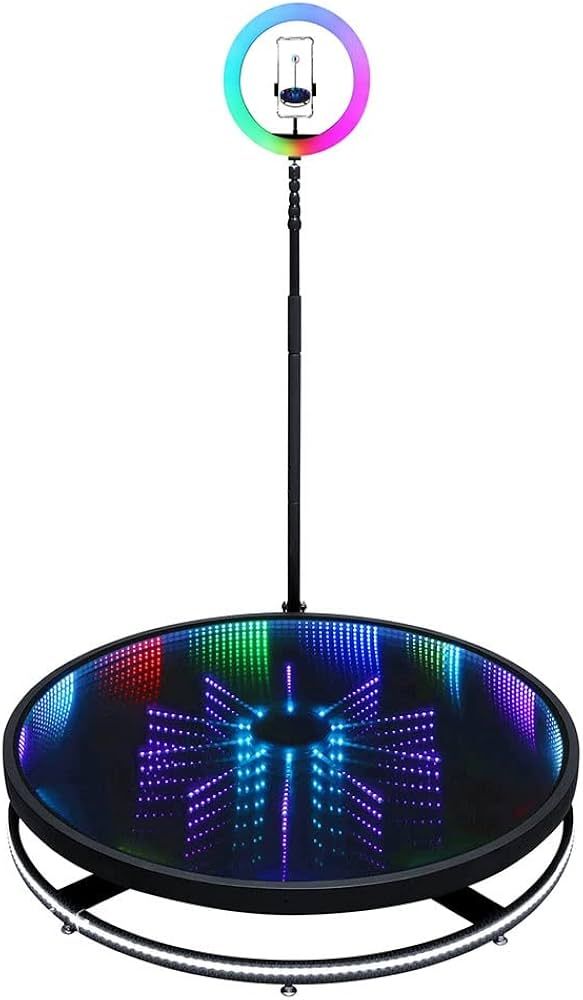 Event 360-degree video booth rental platform with void effect under colorful LED lighting. 360 video booth vivitu venlo