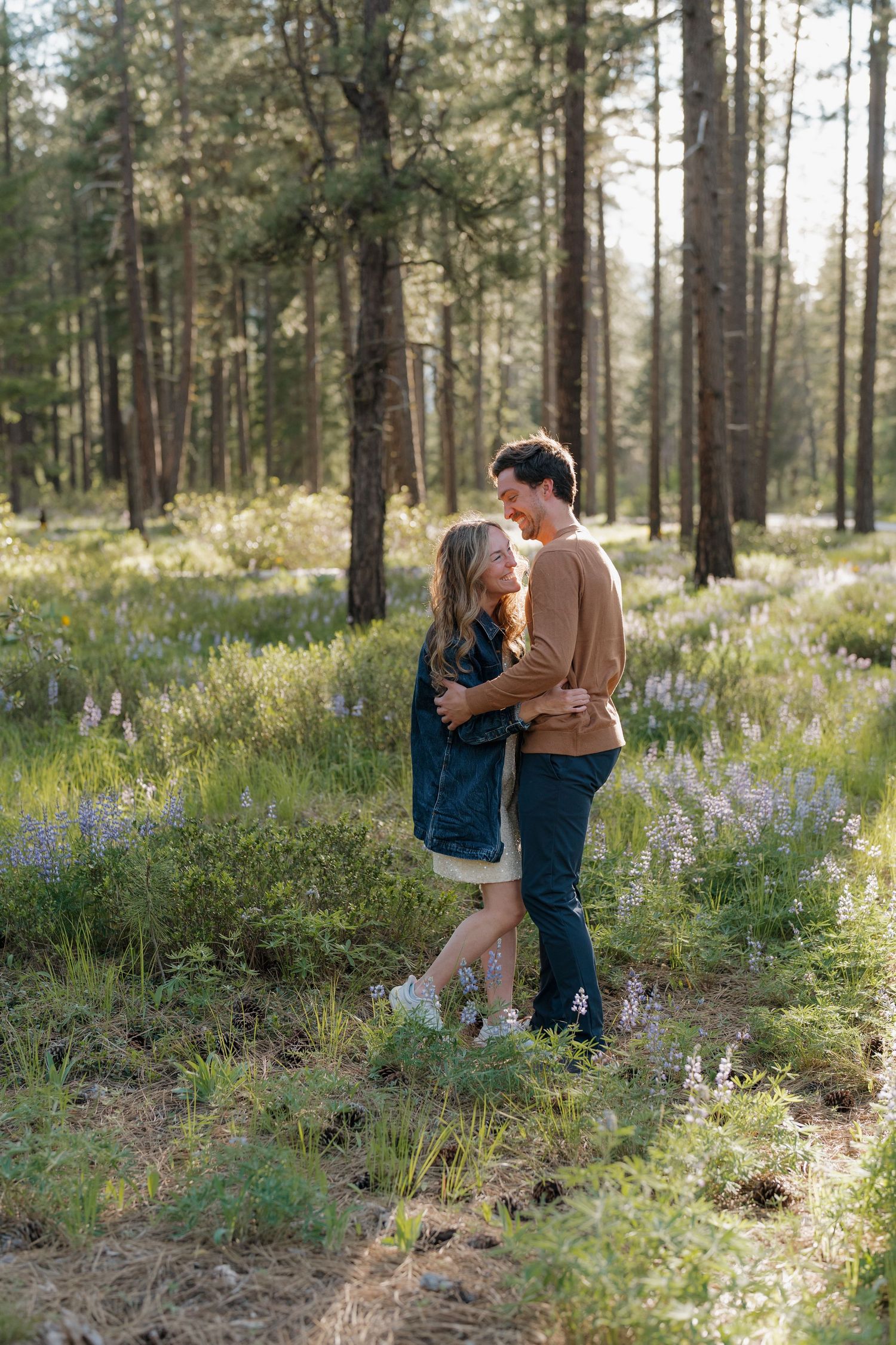 Couple embracing in a sunlit forest meadow with wildflowers and tall pine trees in the background.
