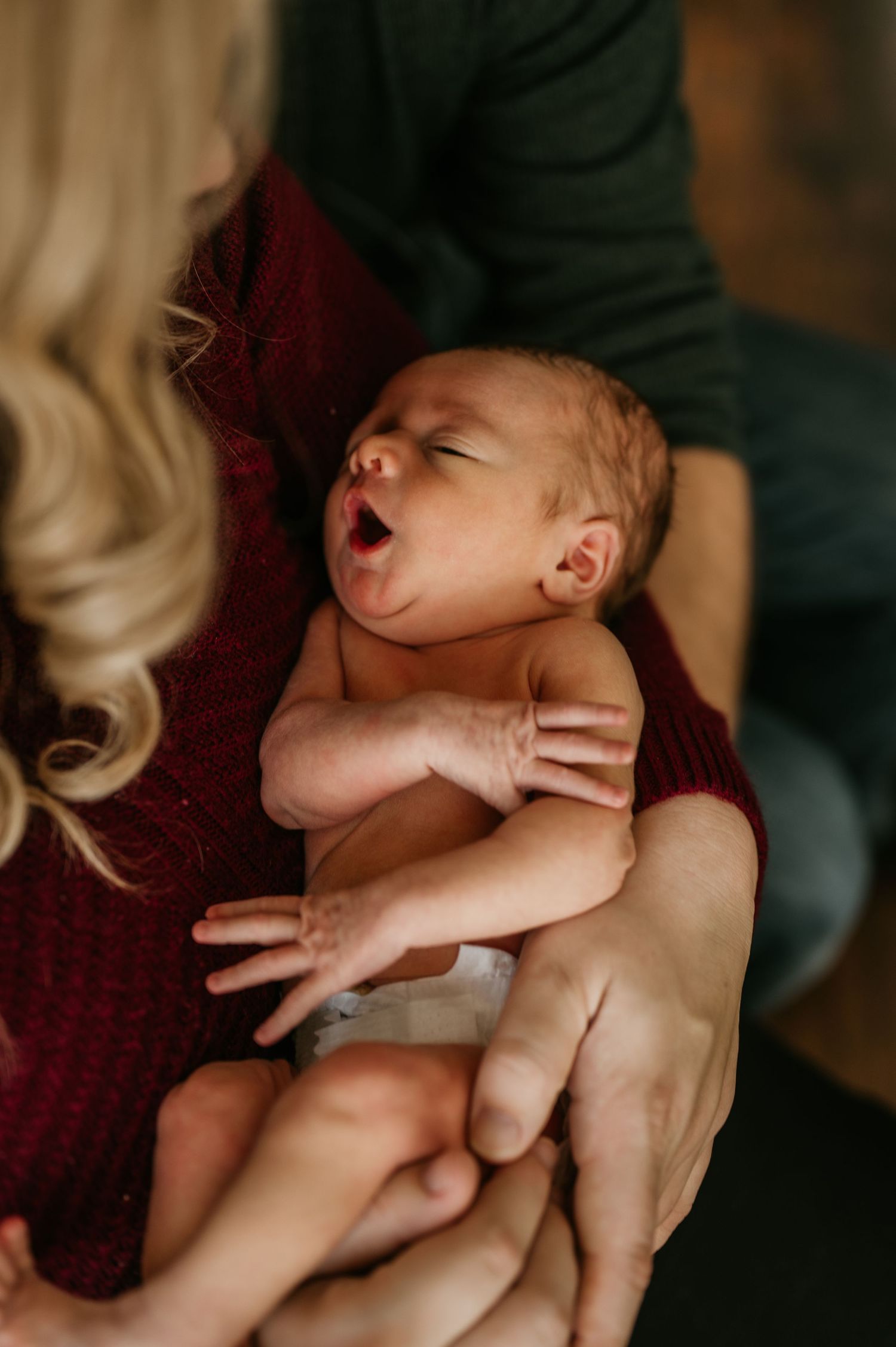 A newborn cradled in a mothers arm, warm lighting in a home.